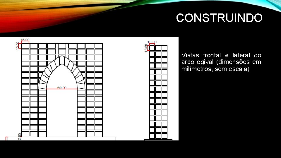 CONSTRUINDO • Vistas frontal e lateral do arco ogival (dimensões em milímetros, sem escala)