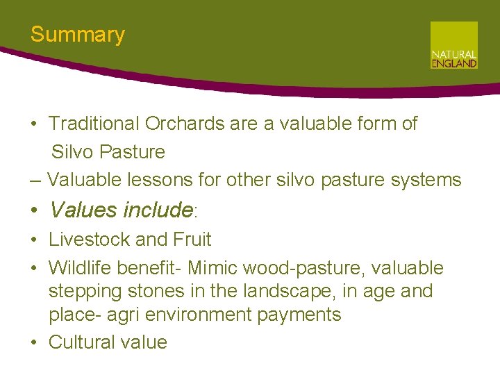 Summary • Traditional Orchards are a valuable form of Silvo Pasture – Valuable lessons Summary • Traditional Orchards are a valuable form of Silvo Pasture – Valuable lessons