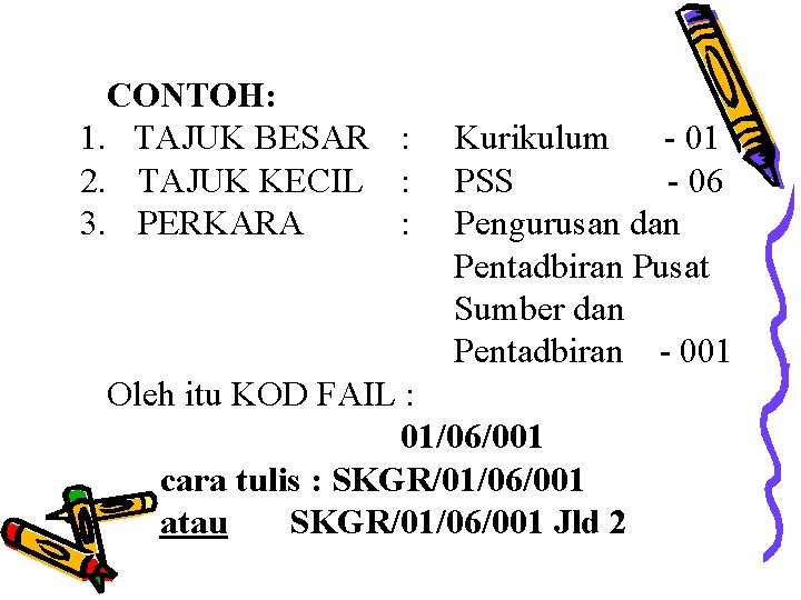 CONTOH: 1. TAJUK BESAR : 2. TAJUK KECIL : 3. PERKARA : Kurikulum -