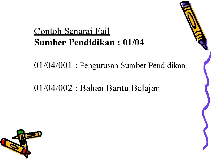 Contoh Senarai Fail Sumber Pendidikan : 01/04/001 : Pengurusan Sumber Pendidikan 01/04/002 : Bahan