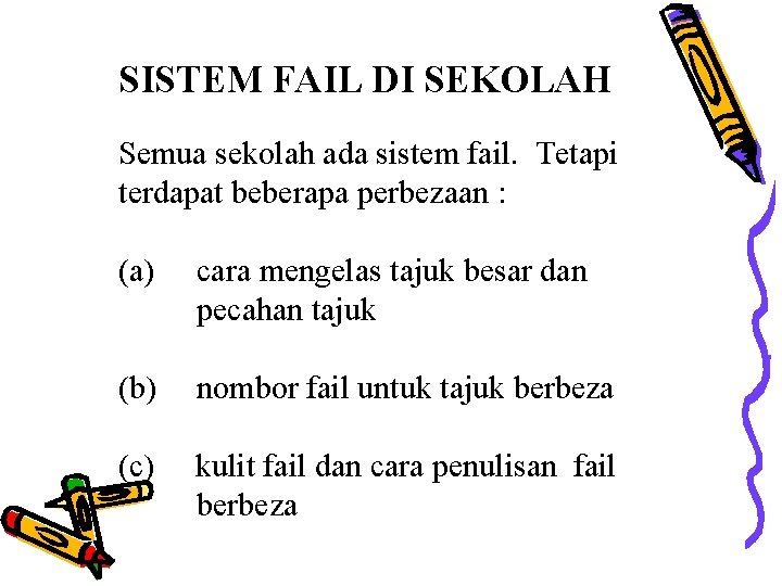SISTEM FAIL DI SEKOLAH Semua sekolah ada sistem fail. Tetapi terdapat beberapa perbezaan :