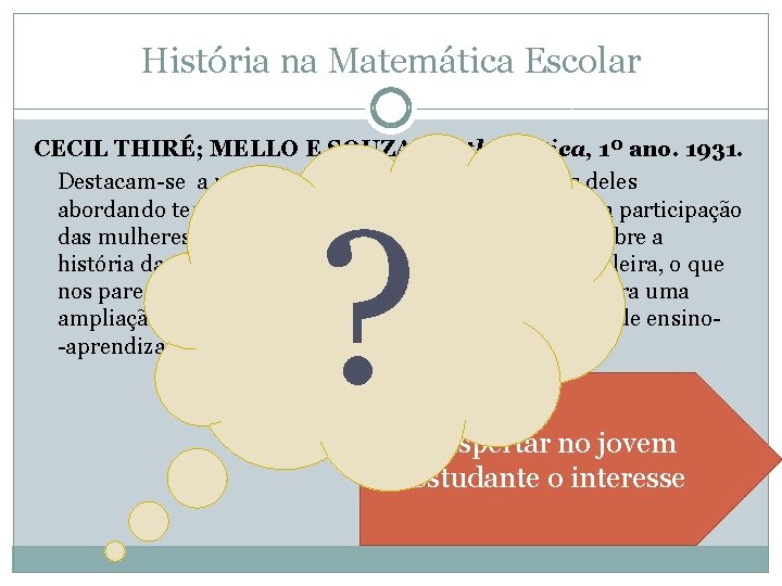 História na Matemática Escolar CECIL THIRÉ; MELLO E SOUZA, Mathematica, 1º ano. 1931. Destacam-se