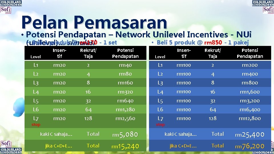 Pelan Pemasaran • Potensi Pendapatan – Network Unilevel Incentives - NUi • Beli 1