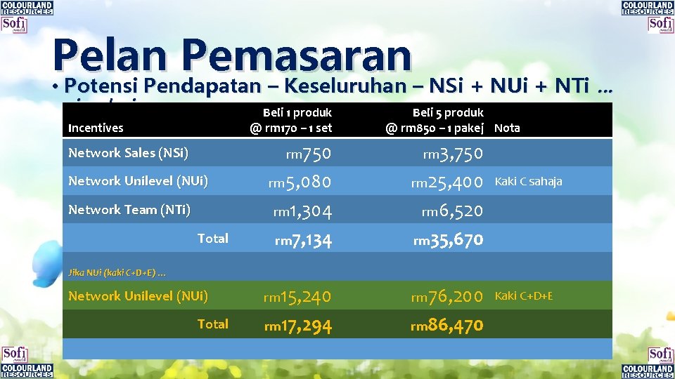 Pelan Pemasaran • Potensi Pendapatan – Keseluruhan – NSi + NUi + NTi …