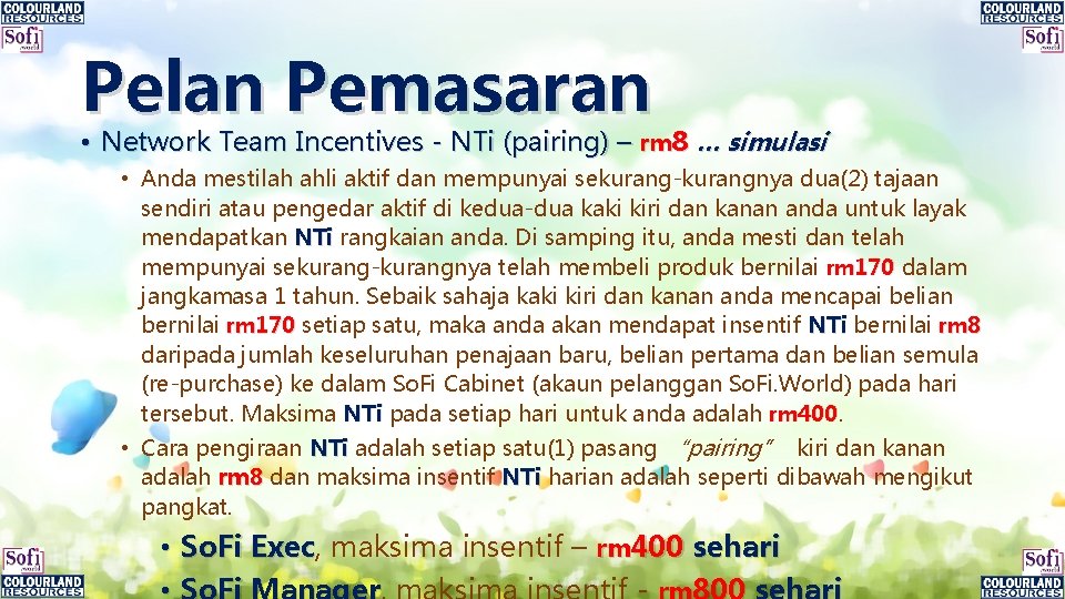 Pelan Pemasaran • Network Team Incentives - NTi (pairing) – rm 8 … simulasi