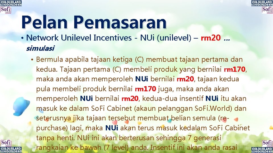 Pelan Pemasaran • Network Unilevel Incentives - NUi (unilevel) – rm 20 … simulasi