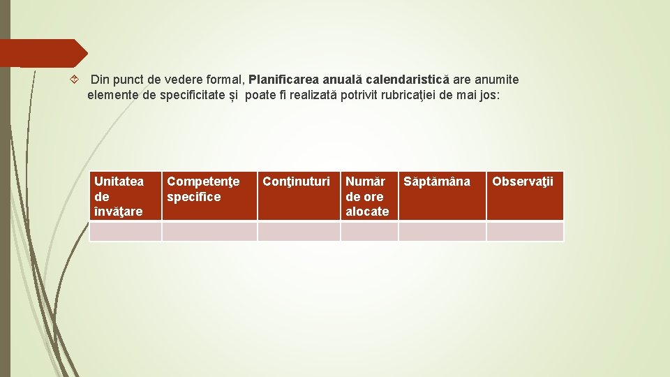 Din punct de vedere formal, Planificarea anuală calendaristică are anumite elemente de specificitate Din punct de vedere formal, Planificarea anuală calendaristică are anumite elemente de specificitate