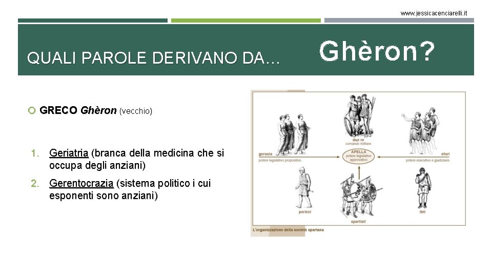 www. jessicacenciarelli. it QUALI PAROLE DERIVANO DA… GRECO Ghèron (vecchio) 1. Geriatria (branca della