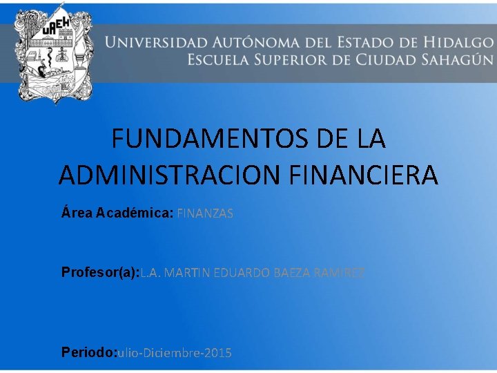 FUNDAMENTOS DE LA ADMINISTRACION FINANCIERA Área Académica: FINANZAS Profesor(a): L. A. MARTIN EDUARDO BAEZA