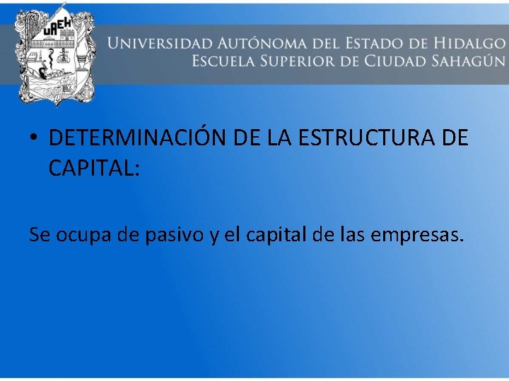  • DETERMINACIÓN DE LA ESTRUCTURA DE CAPITAL: Se ocupa de pasivo y el