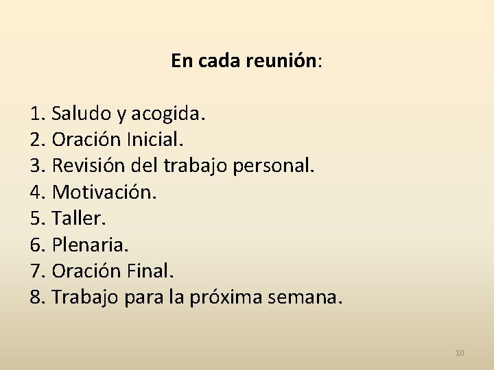En cada reunión: 1. Saludo y acogida. 2. Oración Inicial. 3. Revisión del trabajo