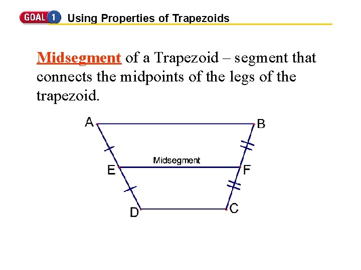 Using Properties of Trapezoids Midsegment of a Trapezoid – segment that connects the midpoints