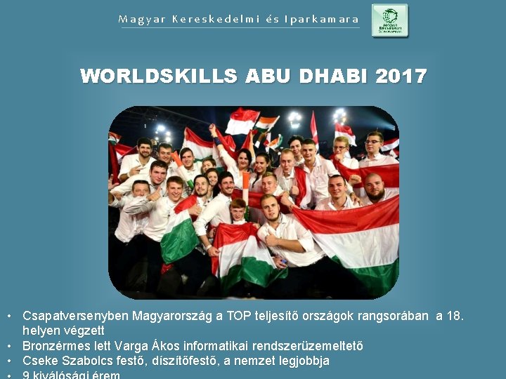 Magyar Kereskedelmi és Iparkamara WORLDSKILLS ABU DHABI 2017 • Csapatversenyben Magyarország a TOP teljesítő