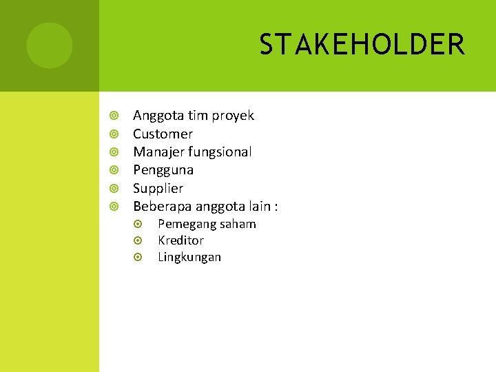 STAKEHOLDER Anggota tim proyek Customer Manajer fungsional Pengguna Supplier Beberapa anggota lain : Pemegang