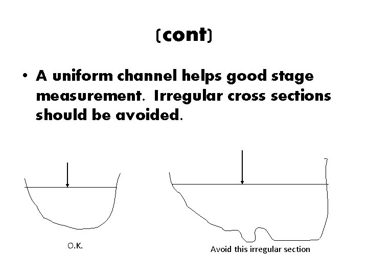 (cont) • A uniform channel helps good stage measurement. Irregular cross sections should be