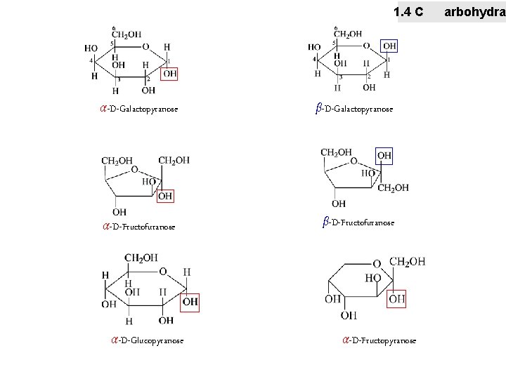 1. 4 C α-D-Galactopyranose β-D-Galactopyranose α-D-Fructofuranose β-D-Fructofuranose α-D-Glucopyranose α-D-Fructopyranose arbohydra 