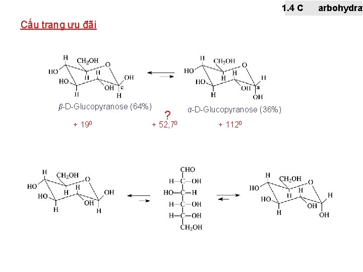 1. 4 C Cấu trạng ưu đãi β-D-Glucopyranose (64%) + 190 ? 0 +