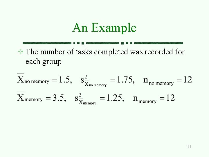 An Example The number of tasks completed was recorded for each group 11 