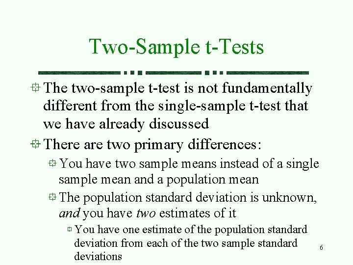 Two-Sample t-Tests The two-sample t-test is not fundamentally different from the single-sample t-test that