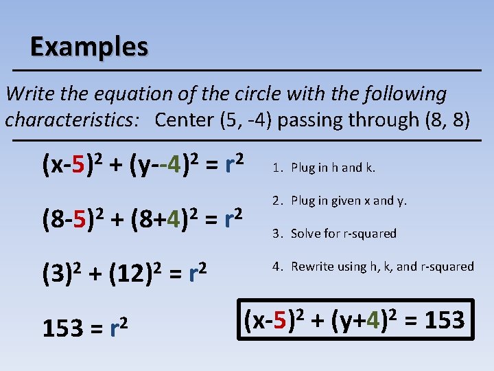 Examples Write the equation of the circle with the following characteristics: Center (5, -4)