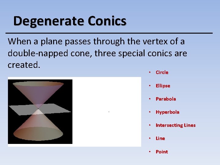 Degenerate Conics When a plane passes through the vertex of a double-napped cone, three