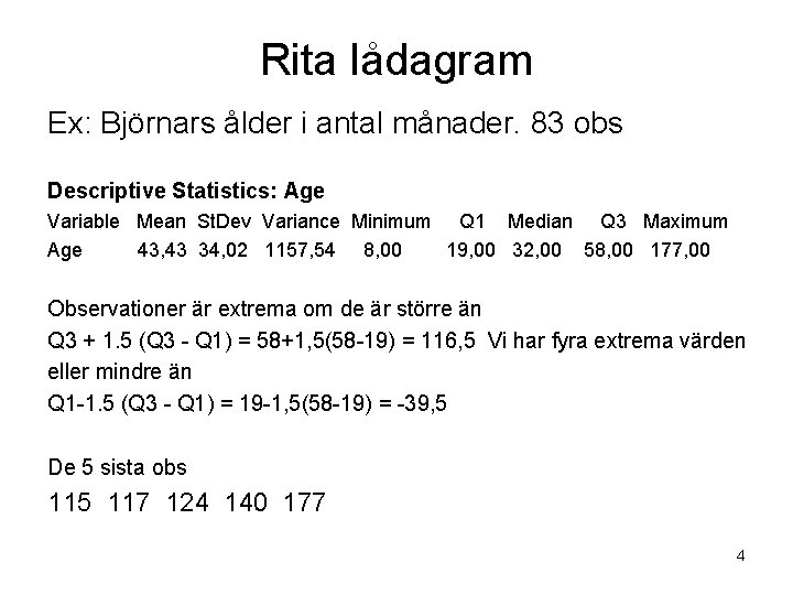 Rita lådagram Ex: Björnars ålder i antal månader. 83 obs Descriptive Statistics: Age Variable