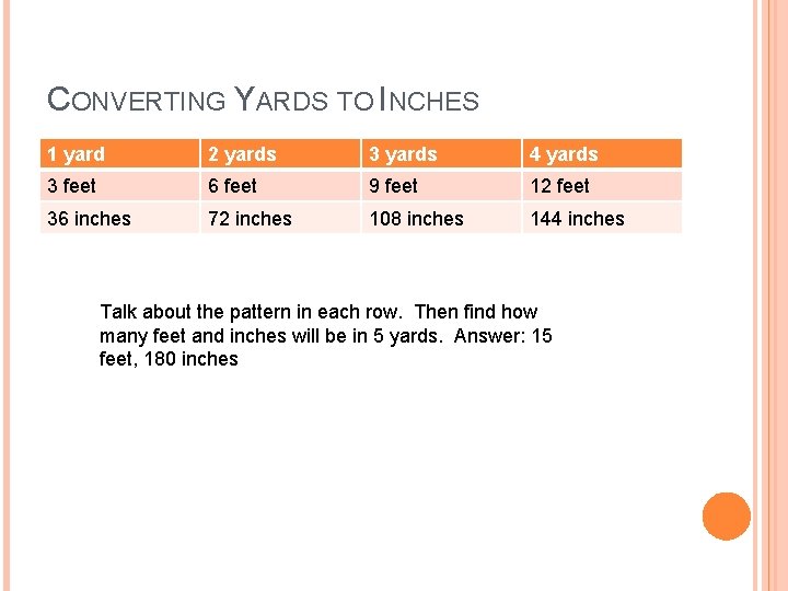 CONVERTING YARDS TO INCHES 1 yard 2 yards 3 yards 4 yards 3 feet