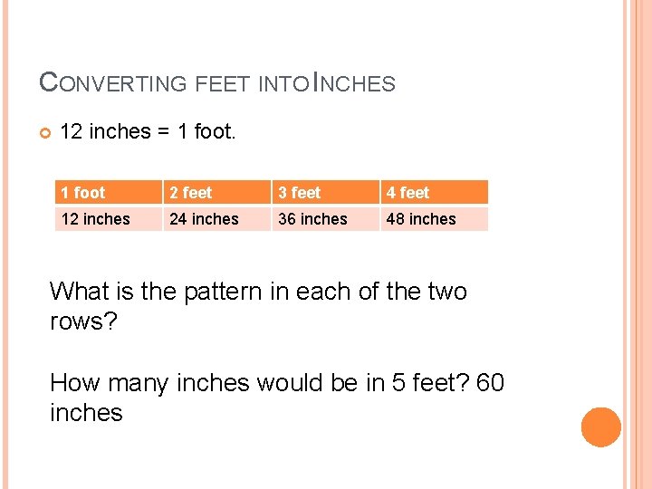 CONVERTING FEET INTO INCHES 12 inches = 1 foot 2 feet 3 feet 4