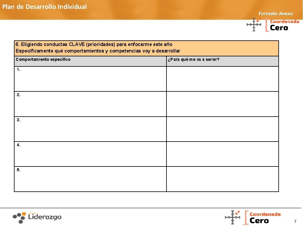 Plan de Desarrollo Individual Formato Anexo 6. Eligiendo conductas CLAVE (prioridades) para enfocarme este