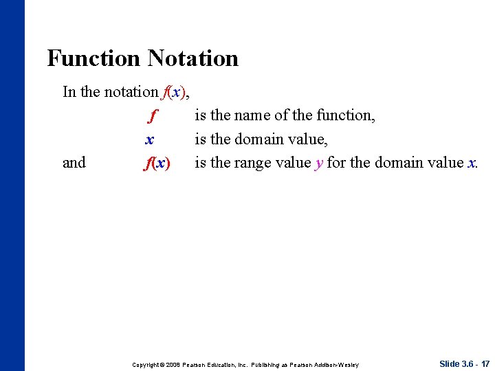 Function Notation In the notation f(x), f is the name of the function, x Function Notation In the notation f(x), f is the name of the function, x