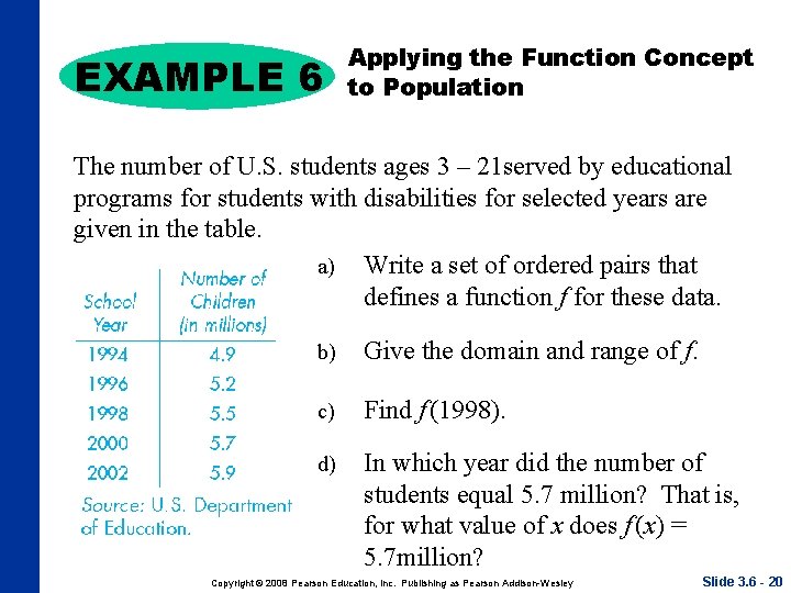 EXAMPLE 6 Applying the Function Concept to Population The number of U. S. students EXAMPLE 6 Applying the Function Concept to Population The number of U. S. students
