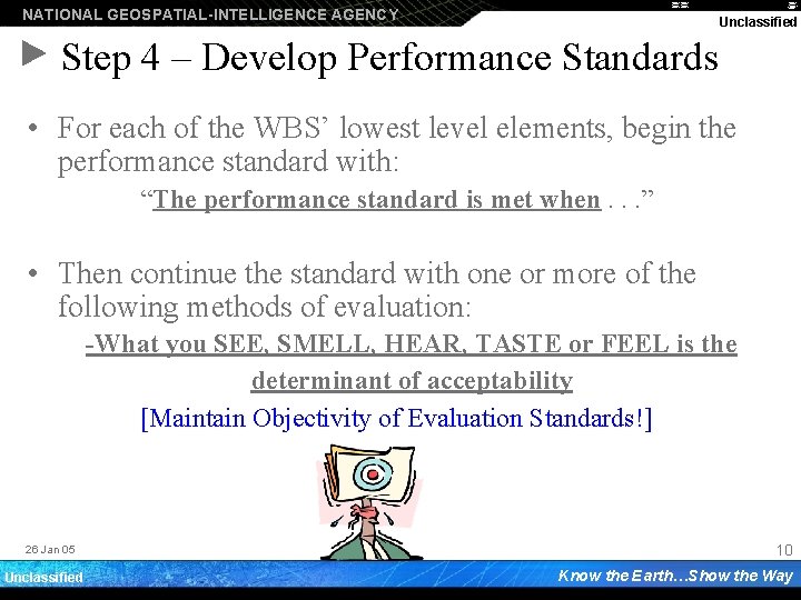 NATIONAL GEOSPATIAL-INTELLIGENCE AGENCY Unclassified Step 4 – Develop Performance Standards • For each of