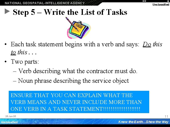 NATIONAL GEOSPATIAL-INTELLIGENCE AGENCY Unclassified Step 5 – Write the List of Tasks • Each