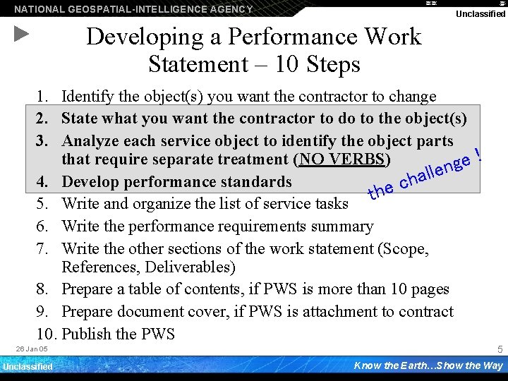 NATIONAL GEOSPATIAL-INTELLIGENCE AGENCY Unclassified Developing a Performance Work Statement – 10 Steps 1. Identify