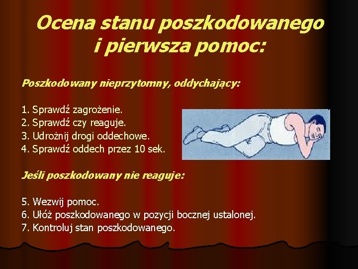 Ocena stanu poszkodowanego i pierwsza pomoc: Poszkodowany nieprzytomny, oddychający: 1. Sprawdź zagrożenie. 2. Sprawdź