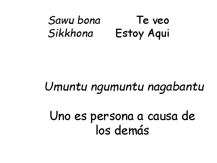 Sawu bona Sikkhona Te veo Estoy Aqui Umuntu ngumuntu nagabantu Uno es persona a