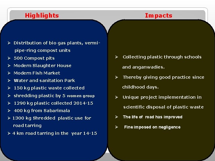 Highlights Impacts Ø Distribution of bio gas plants, vermi- pipe-ring compost units Ø Highlights Impacts Ø Distribution of bio gas plants, vermi- pipe-ring compost units Ø