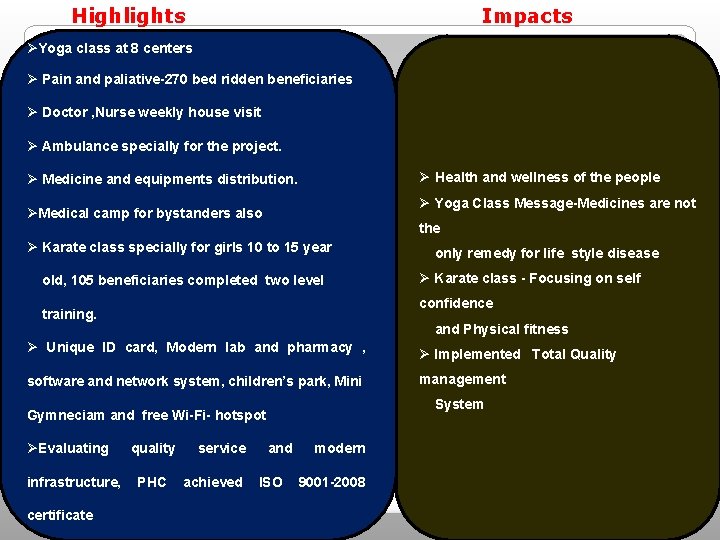 Highlights Impacts ØYoga class at 8 centers Ø Pain and paliative-270 bed ridden Highlights Impacts ØYoga class at 8 centers Ø Pain and paliative-270 bed ridden