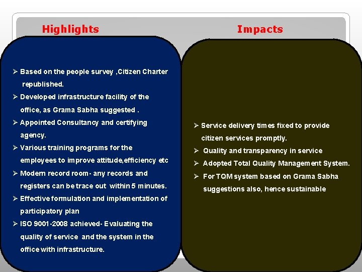Highlights Impacts Ø Based on the people survey , Citizen Charter republished. Ø Highlights Impacts Ø Based on the people survey , Citizen Charter republished. Ø