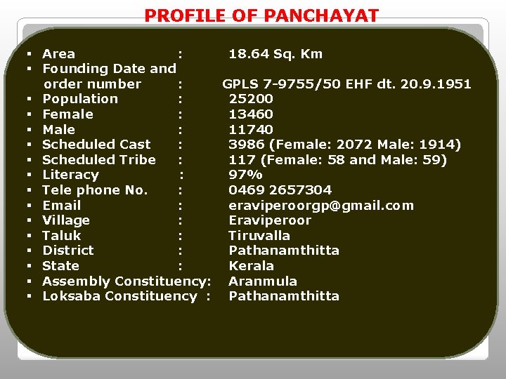 PROFILE OF PANCHAYAT § Area : 18. 64 Sq. Km § Founding Date and PROFILE OF PANCHAYAT § Area : 18. 64 Sq. Km § Founding Date and