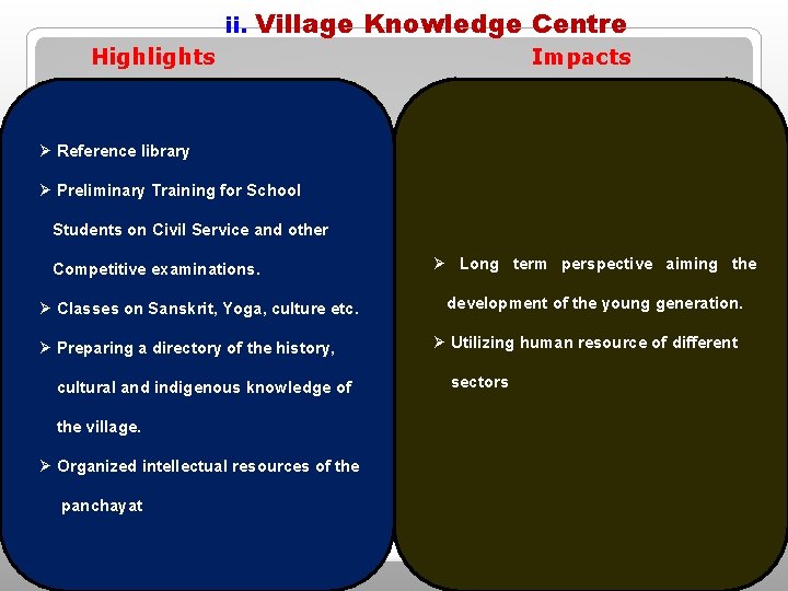 ii. Village Knowledge Centre Highlights Impacts Ø Reference library Ø Preliminary Training for School ii. Village Knowledge Centre Highlights Impacts Ø Reference library Ø Preliminary Training for School