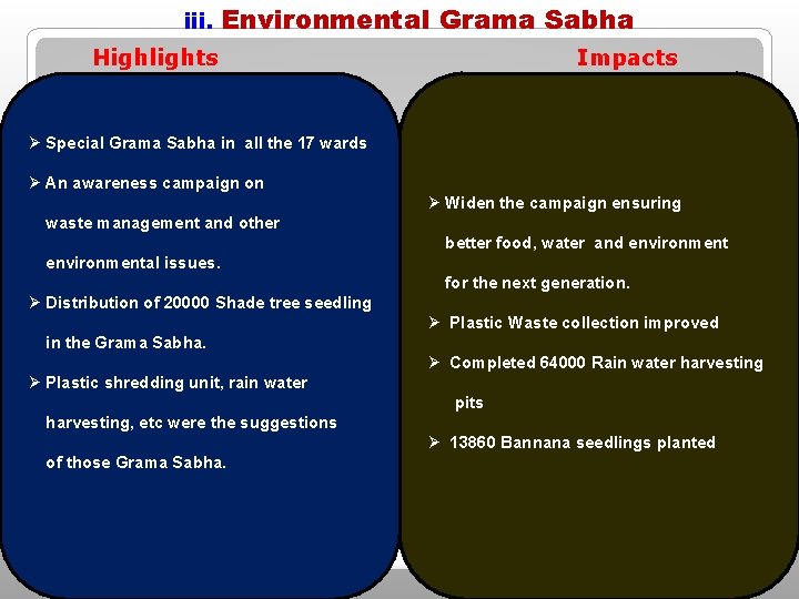 iii. Environmental Grama Sabha Highlights Impacts Ø Special Grama Sabha in all the 17 iii. Environmental Grama Sabha Highlights Impacts Ø Special Grama Sabha in all the 17
