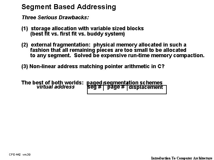 Segment Based Addressing Three Serious Drawbacks: (1) storage allocation with variable sized blocks (best