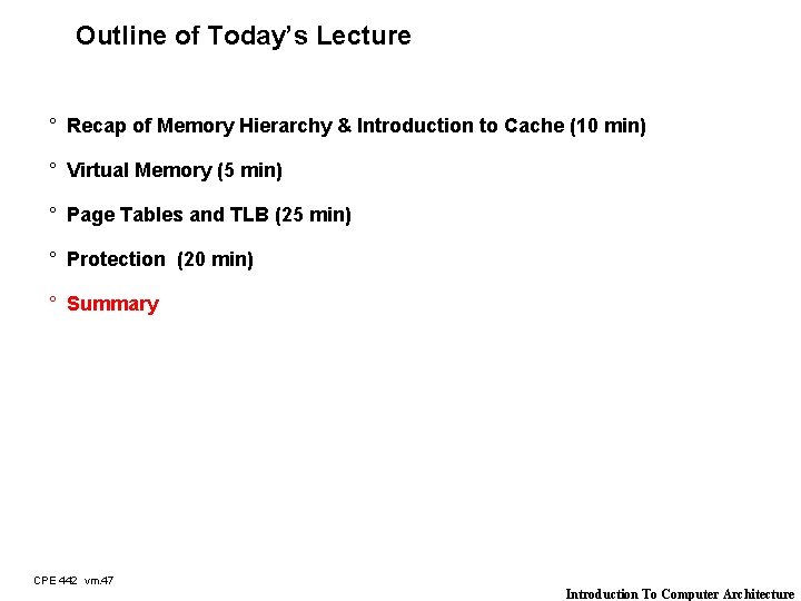 Outline of Today’s Lecture ° Recap of Memory Hierarchy & Introduction to Cache (10