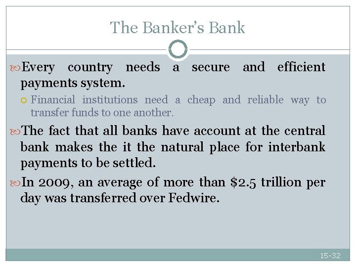 The Banker’s Bank Every country needs a secure and efficient payments system. Financial institutions