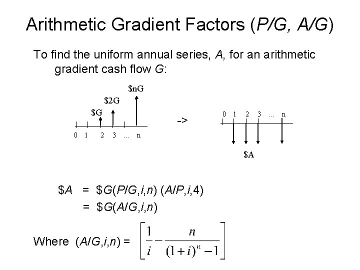 Arithmetic Gradient Factors (P/G, A/G) To find the uniform annual series, A, for an