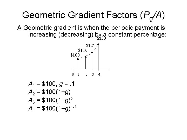 Geometric Gradient Factors (Pg/A) A Geometric gradient is when the periodic payment is increasing