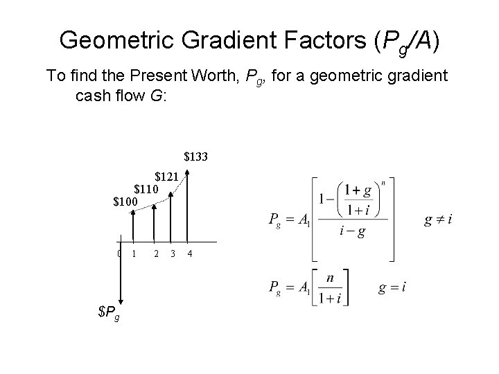 Geometric Gradient Factors (Pg/A) To find the Present Worth, Pg, for a geometric gradient