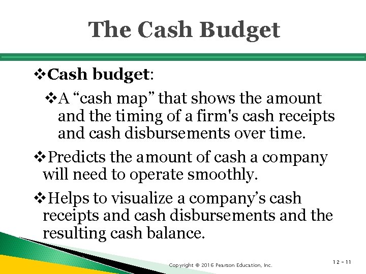 The Cash Budget v. Cash budget: v. A “cash map” that shows the amount The Cash Budget v. Cash budget: v. A “cash map” that shows the amount
