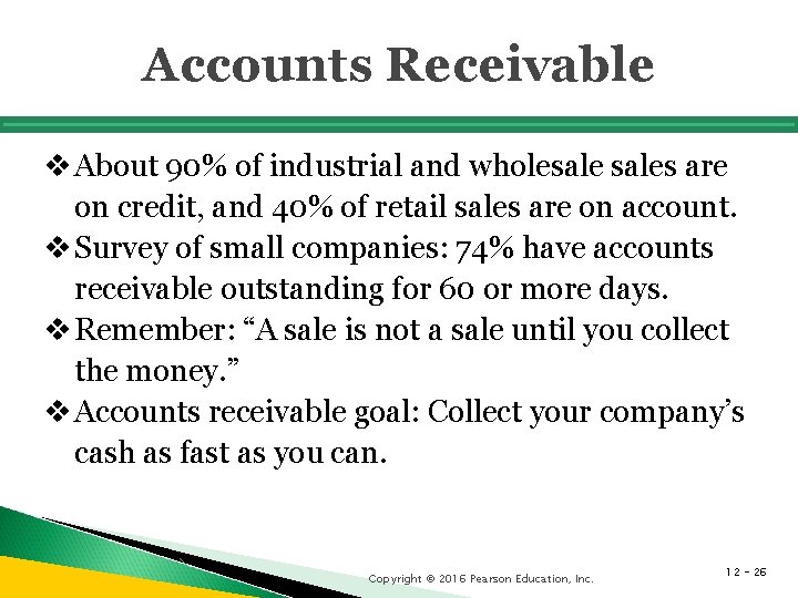 Accounts Receivable v About 90% of industrial and wholesales are on credit, and 40% Accounts Receivable v About 90% of industrial and wholesales are on credit, and 40%